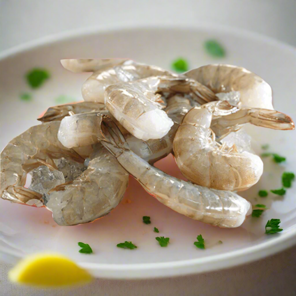 Extra large headless prawns on a bed of ice.