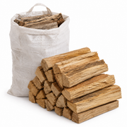 Stack of firewood with a white bag on a white background