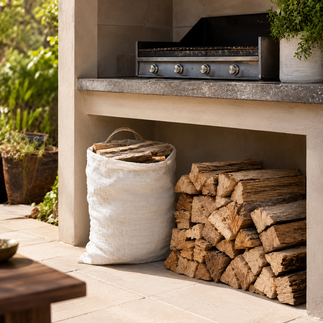Outdoor setting with a grill, stacked wood, and a bag of firewood on a concrete surface.