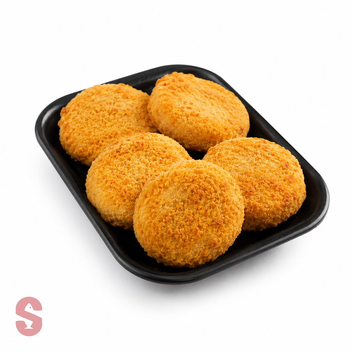 Black tray with five golden-brown fried fish cakes on a white background