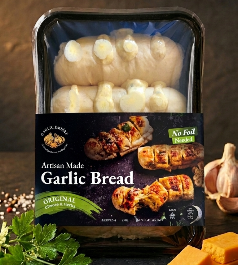 A package of Garlic Artisan Made Garlic Bread with cheese and herbs, shown in a black tray with a clear lid, surrounded by garlic, parsley, and cheese slices on a dark rustic background.