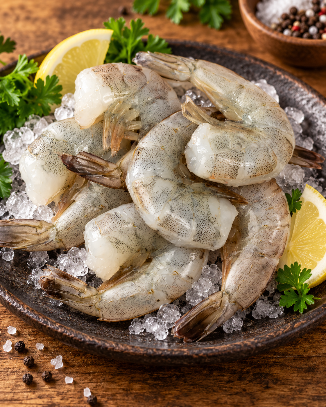 Raw shrimp prawns arranged on crushed ice in a dark ceramic bowl, garnished with lemon wedges, parsley, and coarse salt, on a wooden surface.