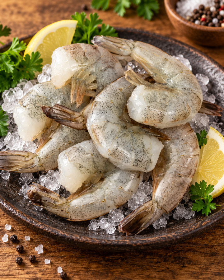 Raw shrimp prawns arranged on crushed ice in a dark ceramic bowl, garnished with lemon wedges, parsley, and coarse salt, on a wooden surface.