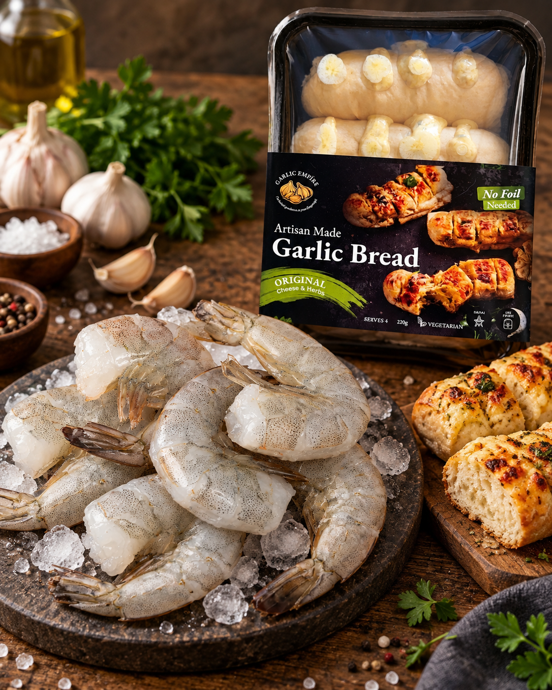A package of Garlic Bread displayed on a rustic wooden table with raw shrimp on ice, garlic, parsley, and sliced garlic bread.