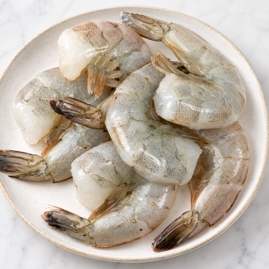 Raw peeled shrimp prawns arranged on a round off-white ceramic plate, photographed from above on a light marble surface.