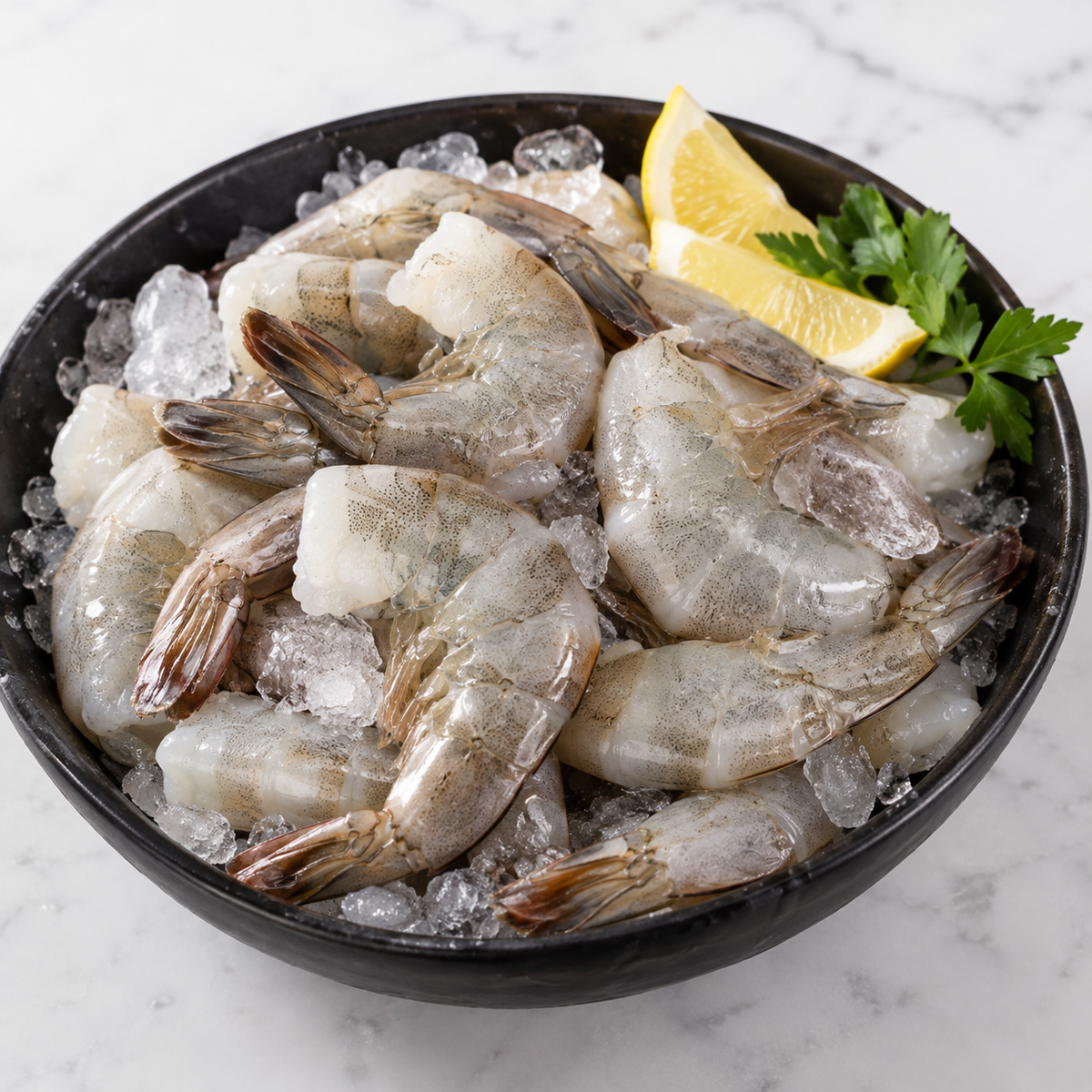 Raw shrimp prawns on a bed of crushed ice in a black bowl, garnished with a lemon wedge and parsley, on a white marble surface.