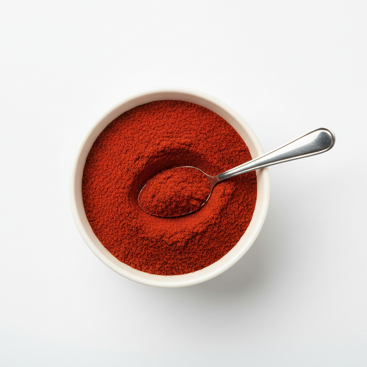 White bowl filled with red powder on a white background