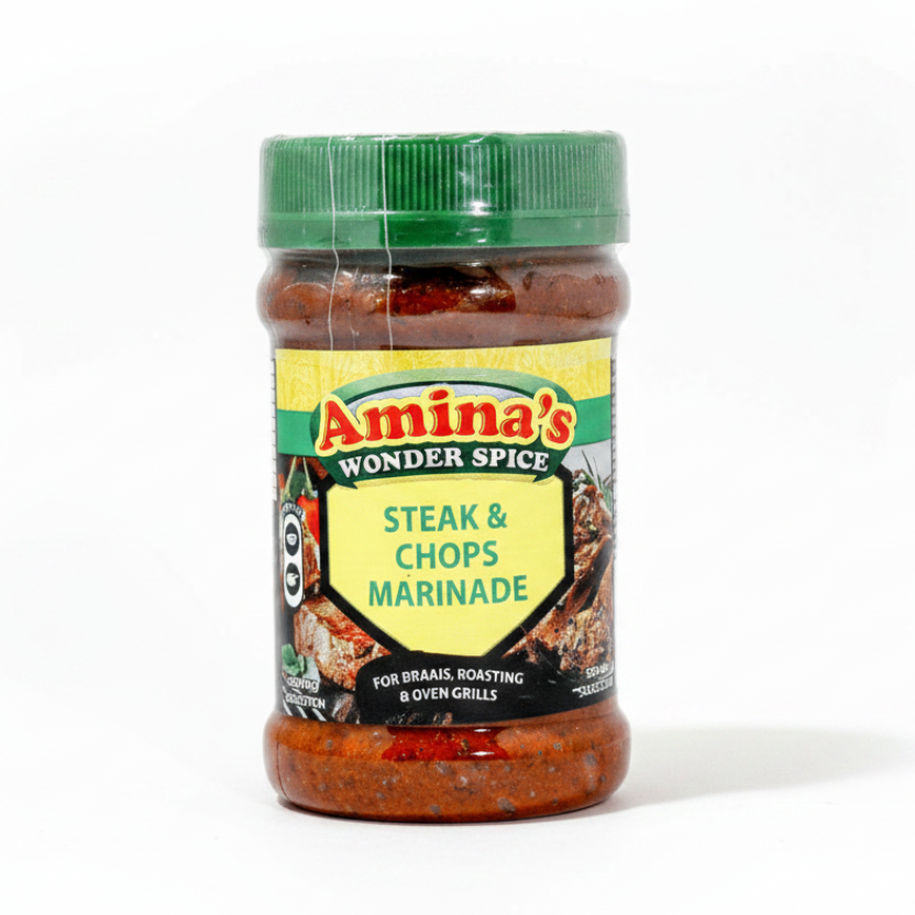 Jar of Amina's Steak & Chops Marinade on a green background