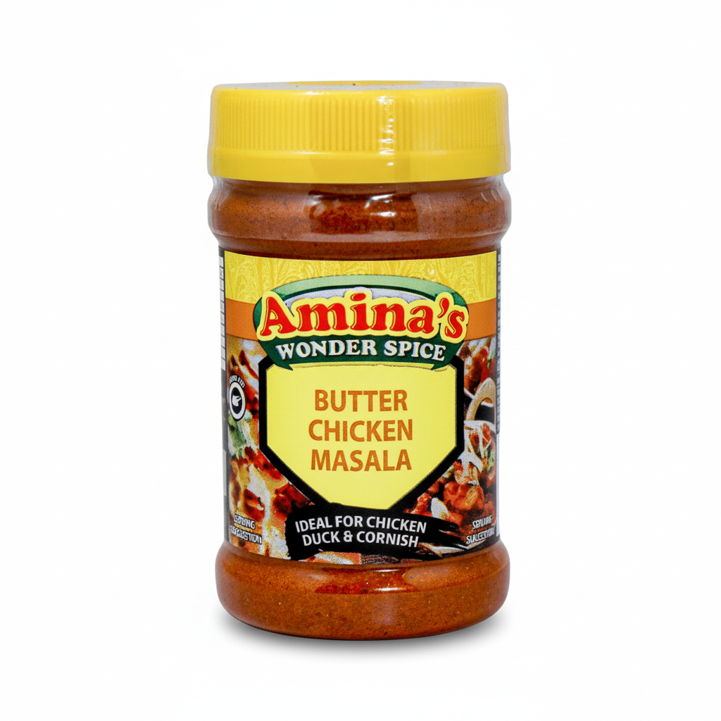 Jar of Amina's Wonder Spice Butter Chicken Masala on a green background