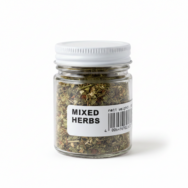 A clear plastic tub labeled 'MIXED HERBS TUB' containing a mixture of dried herbs.