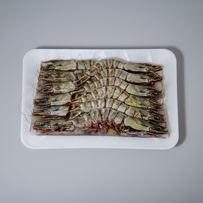 Pack of Tiger Head-On Prawns 8_12 sized, displayed on a white surface.